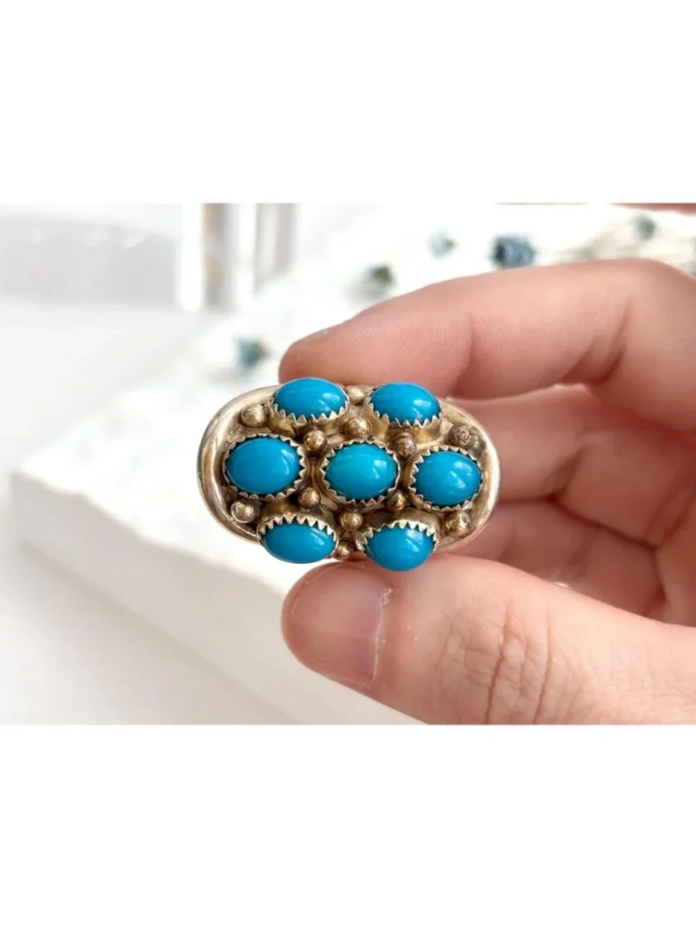 Navajo Sleeping Beauty Turquoise Cluster Sterling Silver 925 Vintage Ring - sz 8
